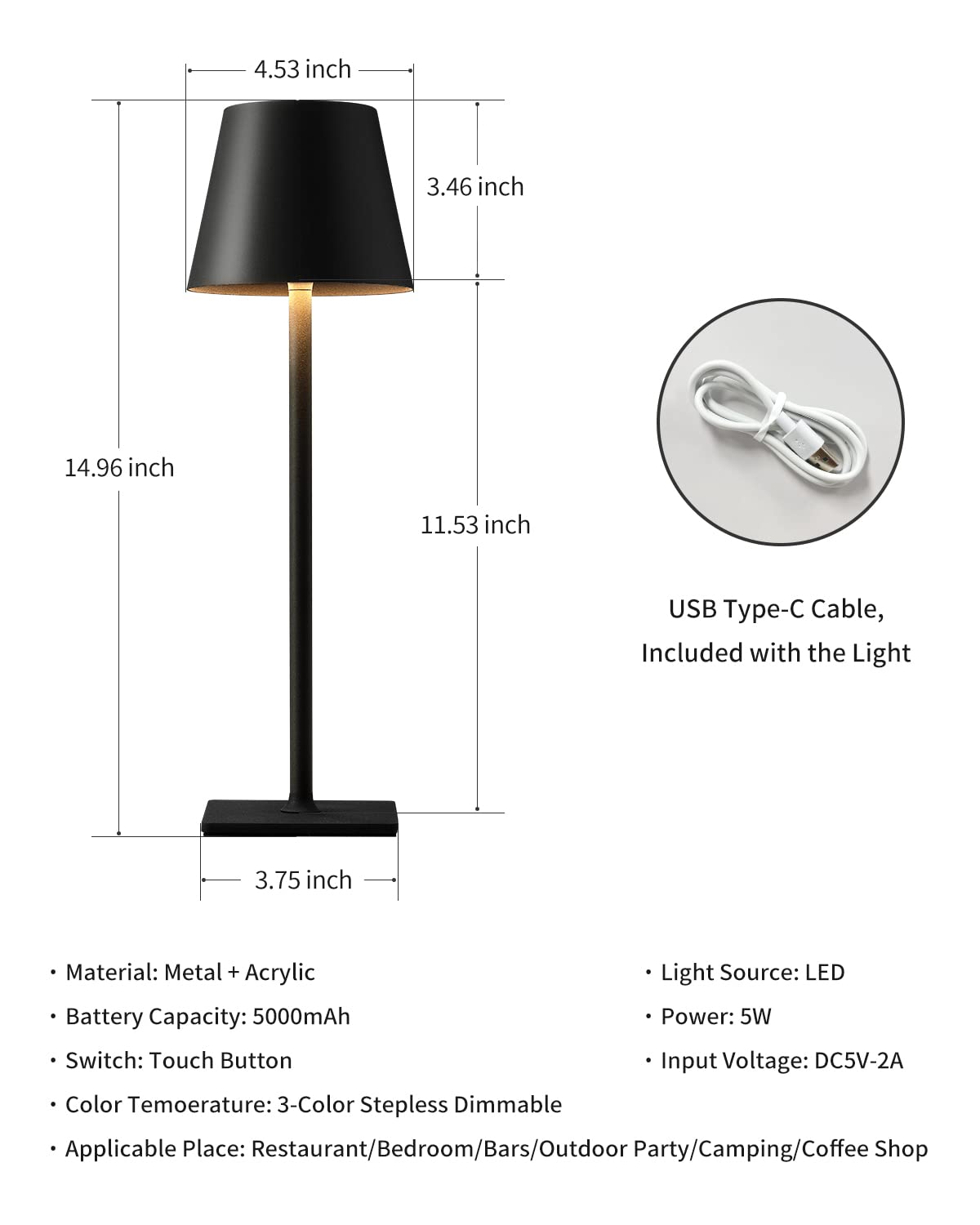 Cordless Table Lamp, Portable LED Desk Lamp, 5000mAh Battery Operated, 3 Color Stepless Dimming Up, for Restaurant, Bedroom, Bars, Outdoor Party, Camping, Coffee Shop, Atmosphere Night Light (Black)