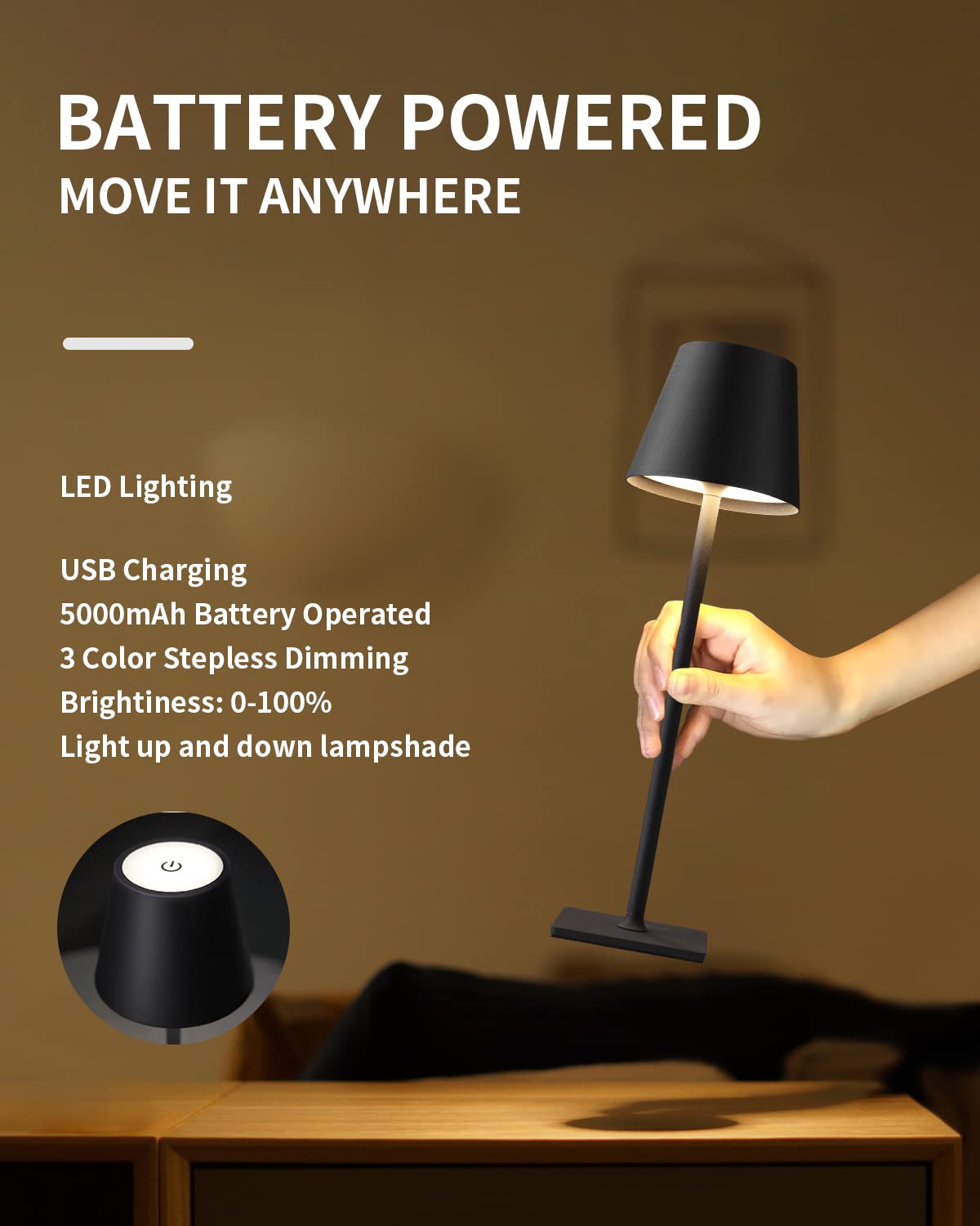 Cordless Table Lamp, Portable LED Desk Lamp, 5000mAh Battery Operated, 3 Color Stepless Dimming Up, for Restaurant, Bedroom, Bars, Outdoor Party, Camping, Coffee Shop, Atmosphere Night Light (Black)