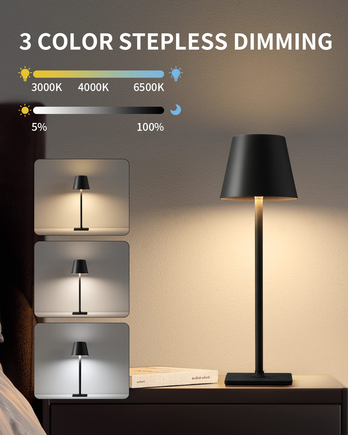 Cordless Table Lamp, Portable LED Desk Lamp, 5000mAh Battery Operated, 3 Color Stepless Dimming Up, for Restaurant, Bedroom, Bars, Outdoor Party, Camping, Coffee Shop, Atmosphere Night Light (Black)